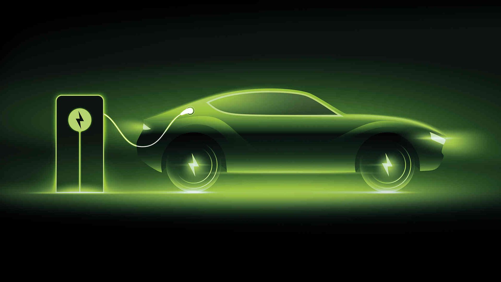 Neon green electric vehicle on a black background being charged 