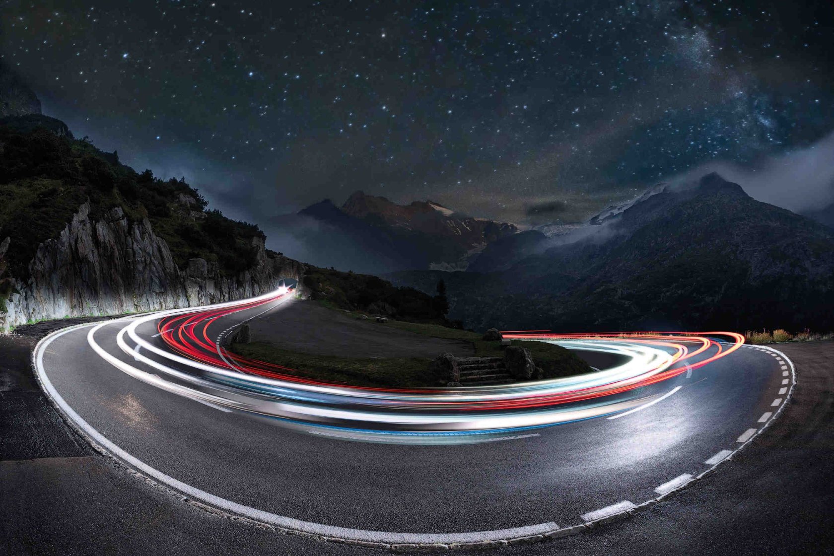 Mixture of light trails from cars on the road