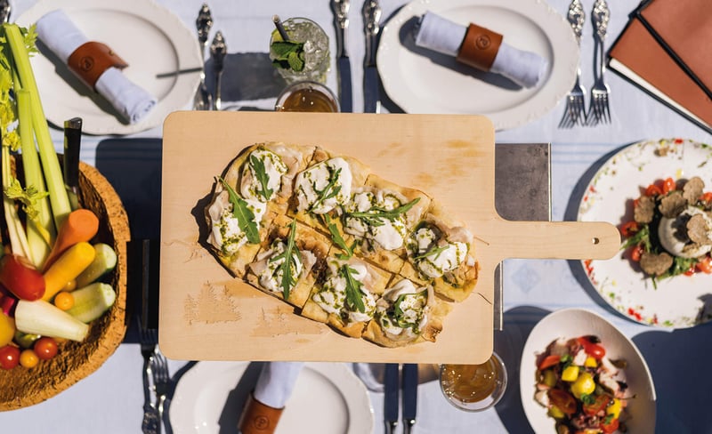 A table with a selection of food and drink.