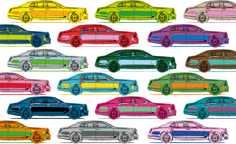 An illustration of multicoloured Bentley cars.